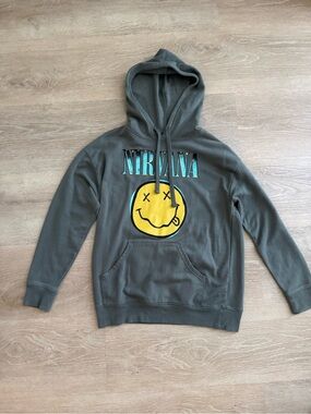 NIRVANA Olive Green Hoodie with Yellow Smiley Graphic